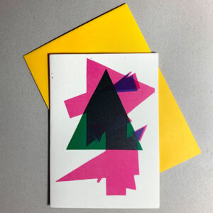 Klappkarte grafischer Baum, magenta-farben, grün, gelbes Kuvert