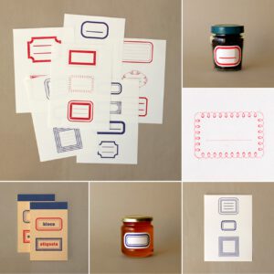 Serrote, Abreißblock mit Etiketten, rot, blau, buchdruck