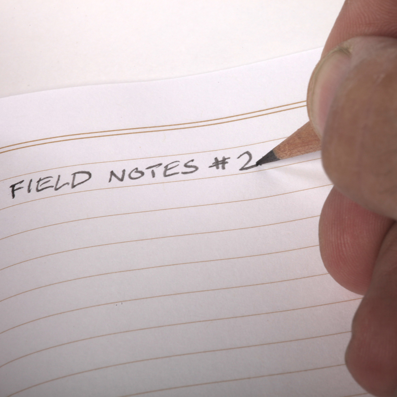 Hand schreibt mit Bleistift ins Notizheft