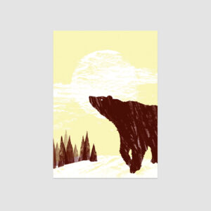 Winterbär, Illustrierte Postkarte von Hummel Grafik, München, brauner Bär, Wald und Schneelandschaft,