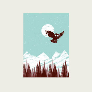Wintereule, illustrierte Postkarte, Eule in Brauntönen fliegt vor Mond,